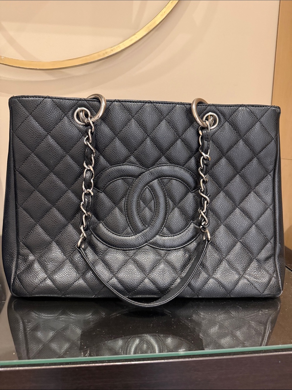CHANEL Black Quilted Caviar Tote with Interlocking CC